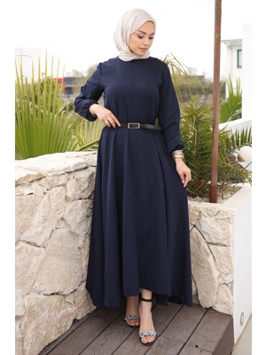 İmaj Butik Lacivert Kol Lastikli Kemerli Parçalı Dabıl Elbise