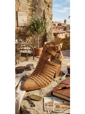 Vess Moda Kalın Topuklu Çift Toka Süet Yazlık Bot Ayakkabı Kahve