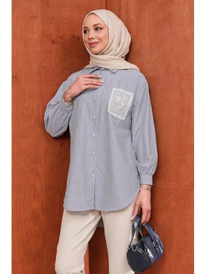 İmaj Butik Antrasit Düğmeli Çizgili Taş Detaylı Gömlek