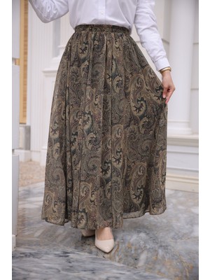 İmaj Butik Haki Bel Lastikli Astarlı Şifon Etek