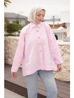 İmaj Butik Pembe Düğmeli Geniş Kol Gömlek