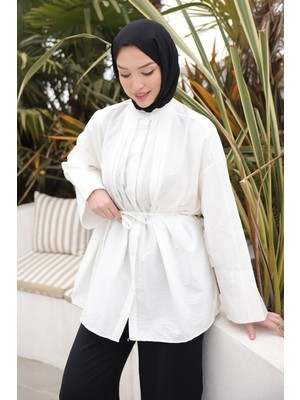 İmaj Butik Ekru Önü Piliseli Bağlamalı Tunik