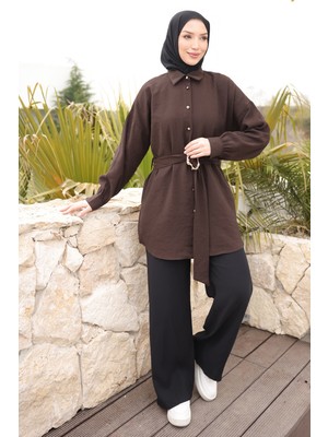İmaj Butik Kahverengi Düğmeli Kuşaklı Tunik