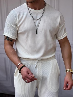 Modefendicom Ince Fitil Desenli Oversize Kalıp Tshirt\'lü Alt Üst Takım