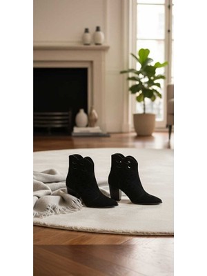 Vess Moda Lazer Desenli Kesim Süet Bot Siyah