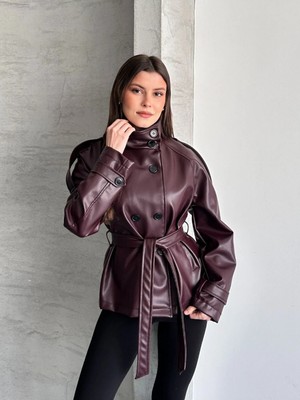 Vess Moda Hakim Yaka Detaylı Kısa Deri Trençkot