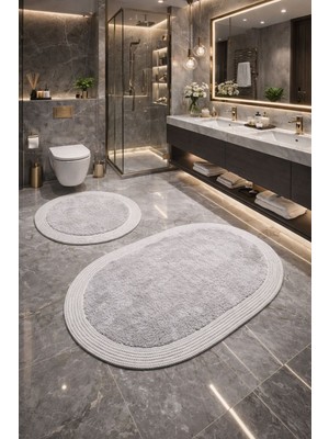 PremiumPort Peluş Banyo Paspası Seti, Jüt Kenar, Kaymaz Taban, Oval ve Yuvarlak 2'li