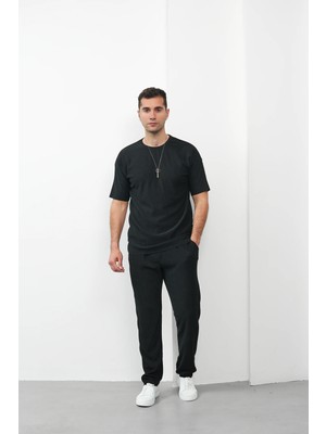 Modefendicom Ince Fitil Desenli Oversize Kalıp Tshirt\'lü Alt Üst Takım