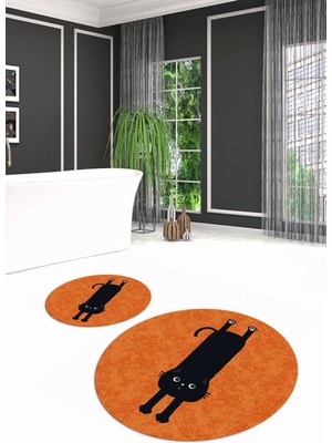 PremiumPort Yıkanabilir Kedi Desenli Yuvarlak Ikili Banyo Takımı