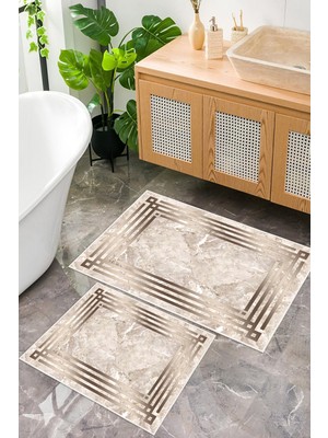 PremiumPort Mermer Desenli Dijital Baskı Çerçeveli Banyo Paspası 2'li Set
