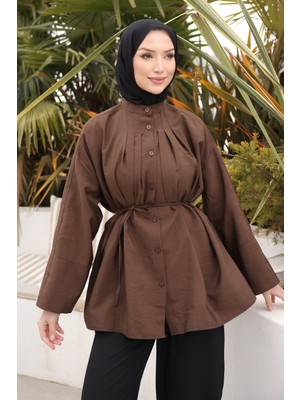 İmaj Butik Kahverengi Önü Piliseli Bağlamalı Tunik