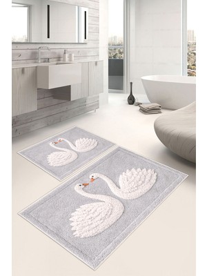 PremiumPort Kuğu Desenli Dijital Baskılı Yıkanabilir Banyo Paspası Çiftli Set