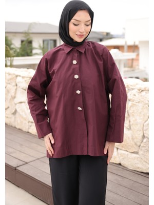 İmaj Butik Mürdüm Düğmeli Geniş Kol Gömlek