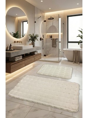 PremiumPort Pofuduk Kaymaz Tabanlı Yıkanabilir 2'li Banyo Paspası Ekru