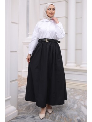 İmaj Butik Siyah Kemerli Cepli Poplin Etek
