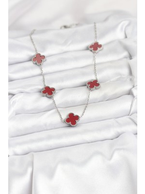Ronanna 316L Çelik Zincir Gümüş Renk Bordo Renk Yonca Kadın Kolye - Lisinya