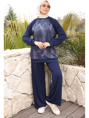 İmaj Butik Lacivert Ön Batik Desenli Reglan Kol Tunik Pantolonlu Modal Takım