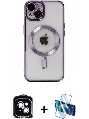 Marsilyan™- iPhone 14 Kılıf Nova Işık Özel Seri - Siyah 3D Antistatik Cam Ekran Koruyucu + Gümüş Pvd Metal Kamera Lens