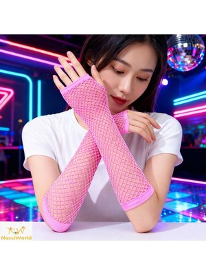 NW NessiWorld 80’ler 90’lar Retro Neon Pembe File Parmaksız Eldiven 26 cm
