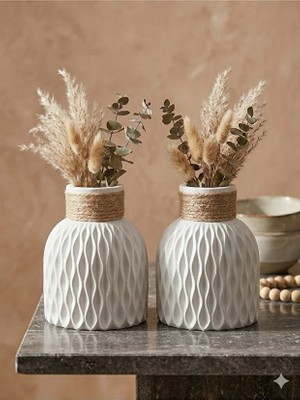 Velorina Hasır Ipli Dekoratif Modern Bohem Tasarım 2'li Beyaz Vazo (Çiçekler Dahil Değildir)