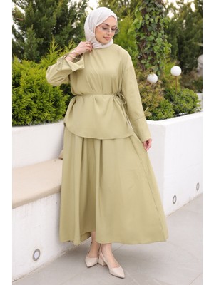 İmaj Butik Yağ Yeşili Bağcık Detaylı Etekli Takım