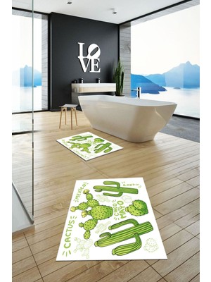 PremiumPort Yıkanabilir, Kaymaz, Kaktüs Desenli, Ikili Banyo Halısı ve Klozet Takımı