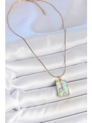 Ronanna 316L Çelik Gold Renk Zincir Mavi Mineli Incili Çiçek Işlemeli Portre Model Kadın Kolye - Lisinya