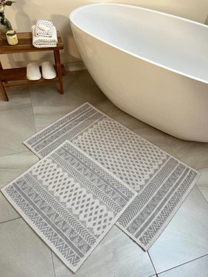 PremiumPort Yumuşak ve Şık Pamuklu Banyo Paspas Seti, 2'li, 60X100+50X60 Cm, Gri