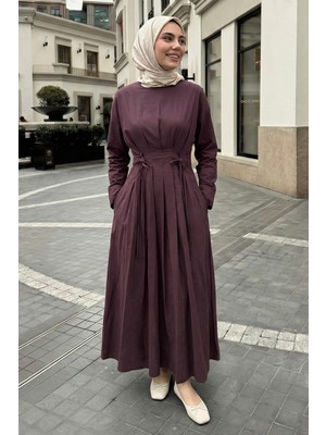inStyle Pileli Kuşaklı Bordo Elbise