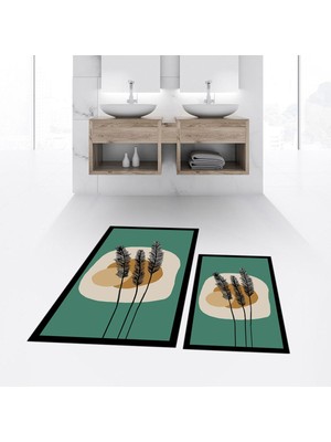 PremiumPort Yıkanabilir Dijital Baskılı Kaymaz Taban Ikili Banyo Paspas Takımı