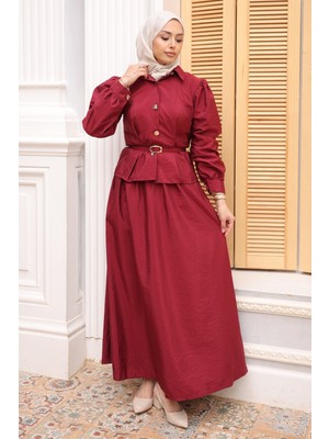 İmaj Butik Bordo Kemerli Düğmeli Gömlek Etekli Takım