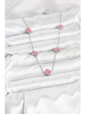 Ronanna 316L Çelik Zincir Gümüş Renk Pembe Baby Boy Yonca Kadın Kolye - Lisinya