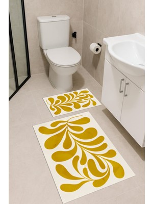 PremiumPort Yaprak Desenli 4'lü Banyo Paspas Takımı, Dijital Baskı ve Makinede Yıkanabilir