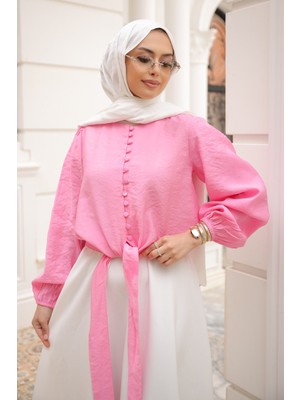 İmaj Butik Pembe Bel Bağlamalı Düğmeli Gömlek