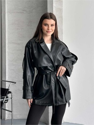 Vess Moda Omuz ve Kol Apolet Detaylı Ara Boy Deri Trençkot