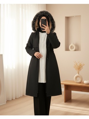 Moda Morfo Metal Yıldız Detaylı Kapşonlu Uzun Kaban -Siyah