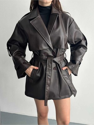 Vess Moda Omuz ve Kol Apolet Detaylı Ara Boy Deri Trençkot