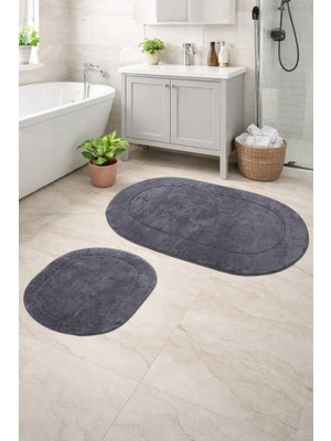 PremiumPort 2'li Gri Banyo Paspası Seti, Kaymaz Deri Tabanlı, Yıkanabilir, Klozet Takımı