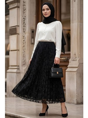 İmaj Butik Siyah Flok Baskılı Astarlı Tül Etek