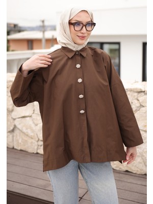 İmaj Butik Kahverengi Düğmeli Geniş Kol Gömlek