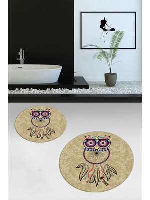 Özgürce Yıkanabilir Baykuş Desenli Yuvarlak Banyo Halısı ve Klozet Takımı Seti