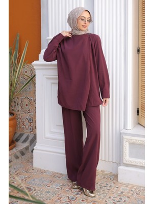 İmaj Butik Mürdüm Yaka Detaylı Tunik Pantolonlu Modal Takım