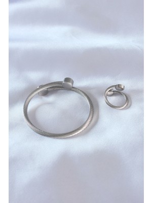 Ronanna Çelik Gümüş Renk Sıkı Burgu Model Erkek Bileklik Yüzük Seti - Lisinya