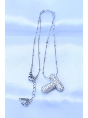 Ronanna 316L Çelik Zincirli Zirkon Taşlı T Harfli Gümüş Renk Bubble Kolye - Lisinya