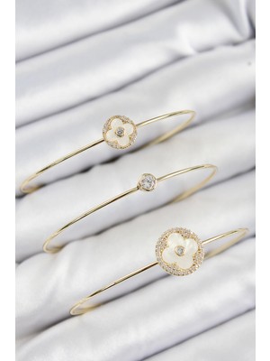 Ronanna Pirinç Zirkon Taşlı Yonca Model Gold Renk Vip 3'lü Kadın Bileklik - Lisinya