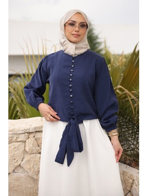 İmaj Butik Lacivert Kol Lastikli Bel Bağlamalı Gömlek