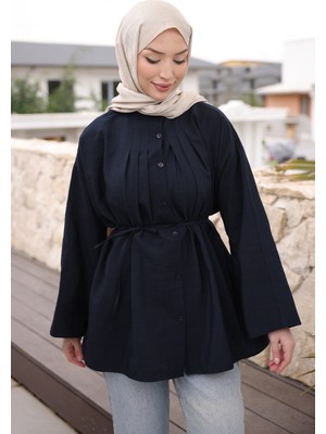 İmaj Butik Lacivert Önü Piliseli Bağlamalı Tunik