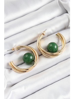 Ronanna Pirinç Gold Renk Halka Model Yeşil Boncuk Detay Kadın Küpe - Lisinya