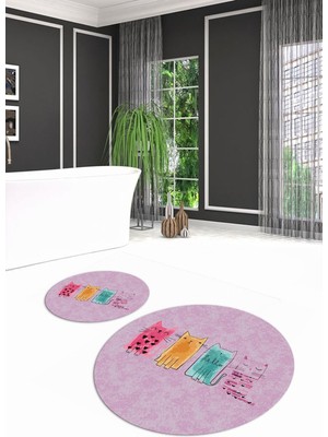 PremiumPort Yıkanabilir Pembe Kedi Desenli Yuvarlak Banyo Takımı, Kaymaz, Dijital Baskılı