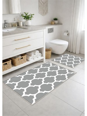 PremiumPort Gri Beyaz Dijital Baskılı Yıkanabilir Banyo Paspası Seti